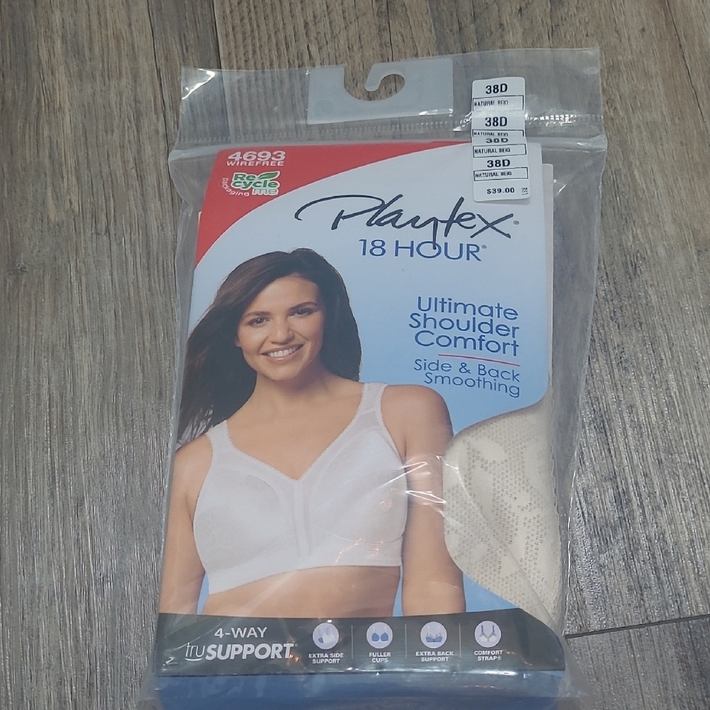 Size 38D Playtex Natural Beige Comfort Wireless Bra Shoulder Comfort Smoothing